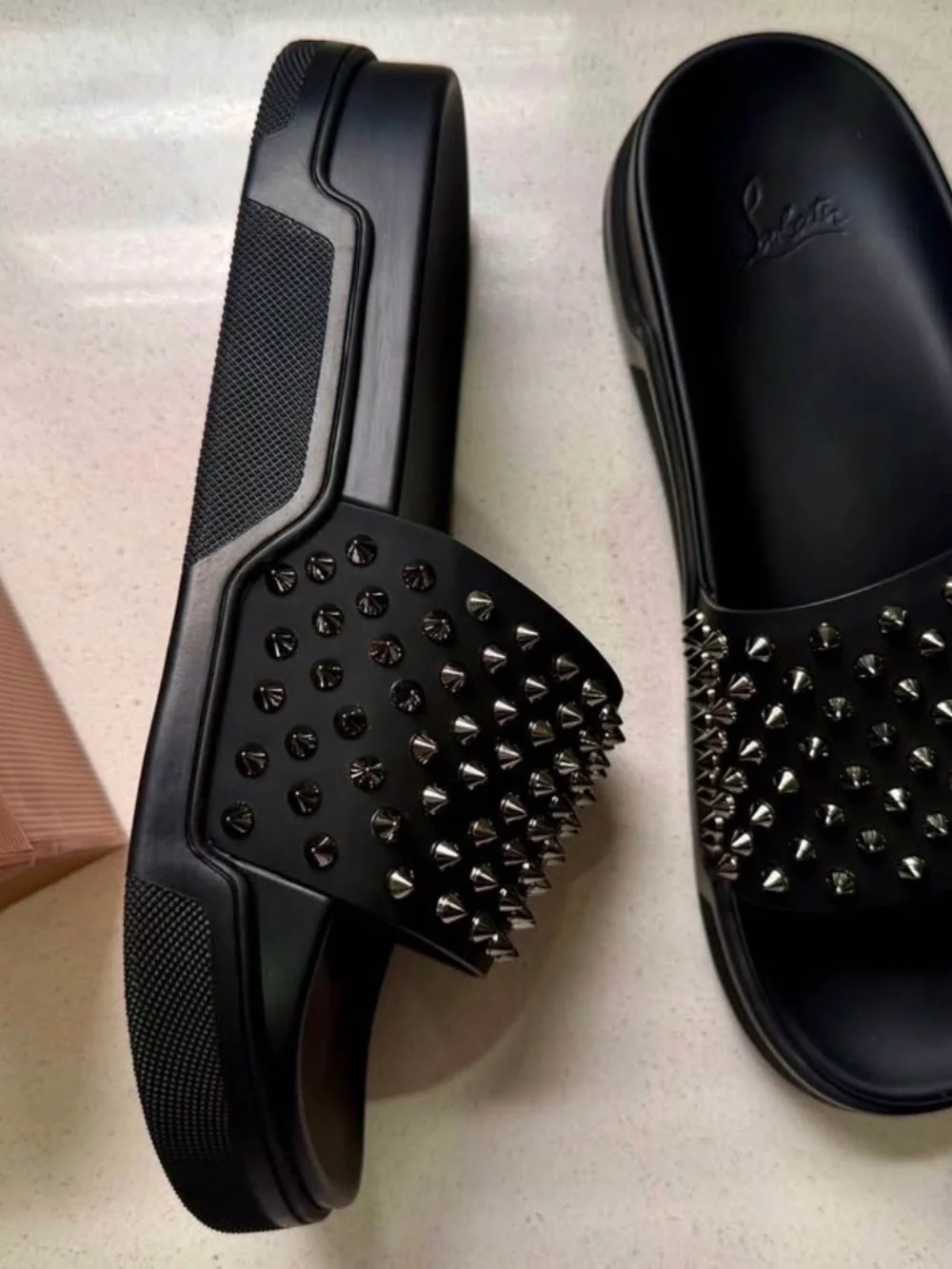 Christian Louboutin Black Spiked Slide Sandals